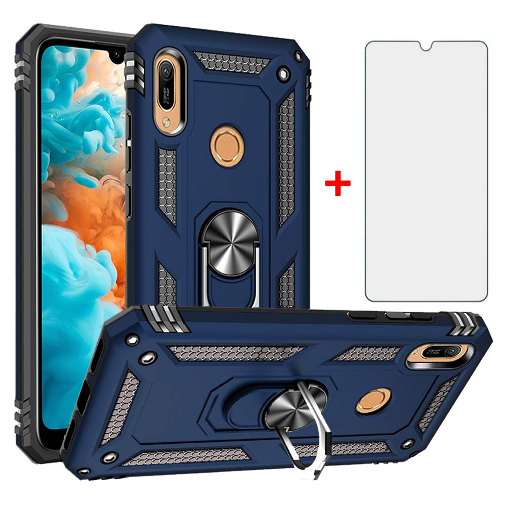 Phone Case for Huawei Y6 2019/Honor 8A with Tempered Glass Screen Protector Stand Ring Holder Shockproof Silicone Heavy Duty Accessories Magnetic Metal Hard Hawaii Hwauei Y 6 Pro 6Y Prime Girls Blue