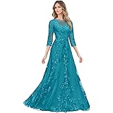 I2USHOP Lace Appliques Mother of The Bride Dresses for Women Tulle 3/4 Sleeve Wedding Guest Dress Sequin Formal Evening Gown