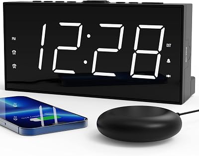 ROCAM Alarm Clock with Bed Shaker Dual Alarm Extra Loud 7.5" LED White