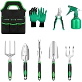 Garden Tool Set with Non Slip Rubber Grip,9 Piece Stainless Steel Gardening Tool Sets,Heavy Duty Outdoor Hand Tools Durable Storage Tote Bag,Uprooting Weeding Tool, Gifts for Women Men Children Green