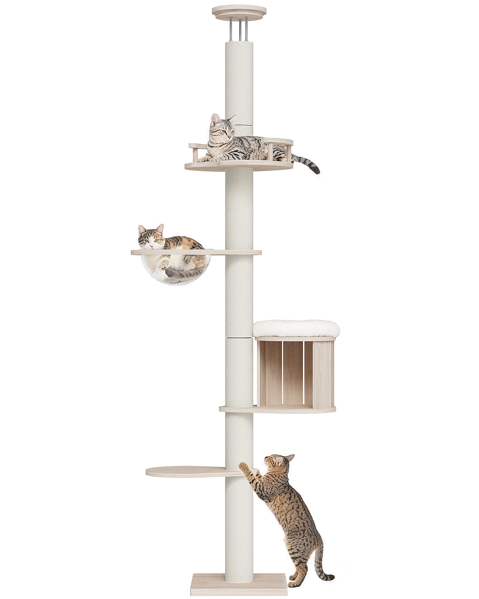 OROPY キャットタワー 突っ張り 木製 スリム 宇宙船ハンモック付き 多頭飼い 猫タワー 省スペース 運動不足解消 隠れ家 爪とぎポスト 全綿縄巻き キャットツリー 193-250cm調整
