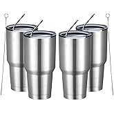 MEWAY 30oz Insulated Tumbler With Lids and Straws,Stainless Steel Double Vacuum Coffee Tumbler Cup, Brush, Durable Powder Coated Coffee Cup for Cold & Hot Drinks, Office(Silver,4 PACK)