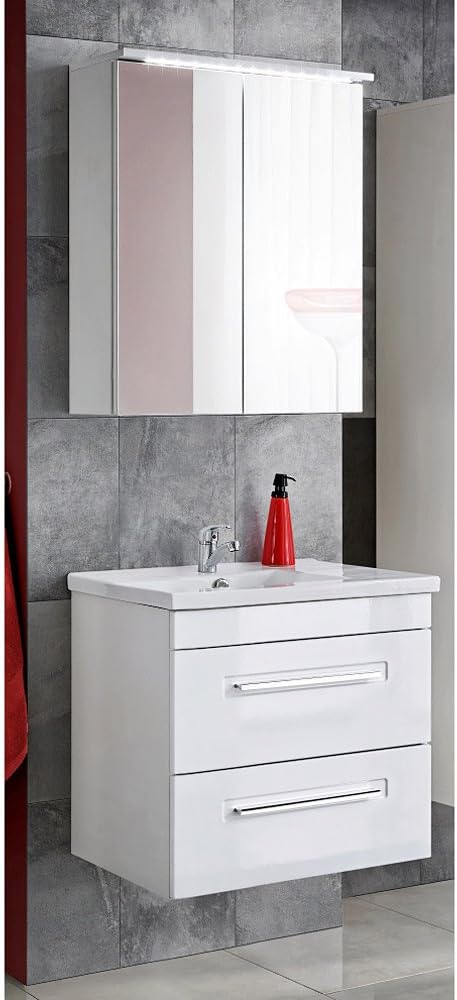 Lomadox Badezimmer Waschplatz Set 60 Cm Mit Keramik Waschtisch Waschbecken Unterschrank Und Led Spiegelschrank Hochglanz Weiss Amazon De Kuche Haushalt