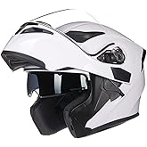 ILM Motorcycle Dual Visor Flip up Modular Full Face Helmet DOT with 7 Colors (M, White)