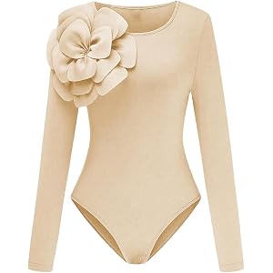 OYOANGLE Women's 3D Floral Long Sleeve Bodysuit Top Slimming Body Suits | Crew Neck Going Out Workout, 3d Flower Long Sleeve