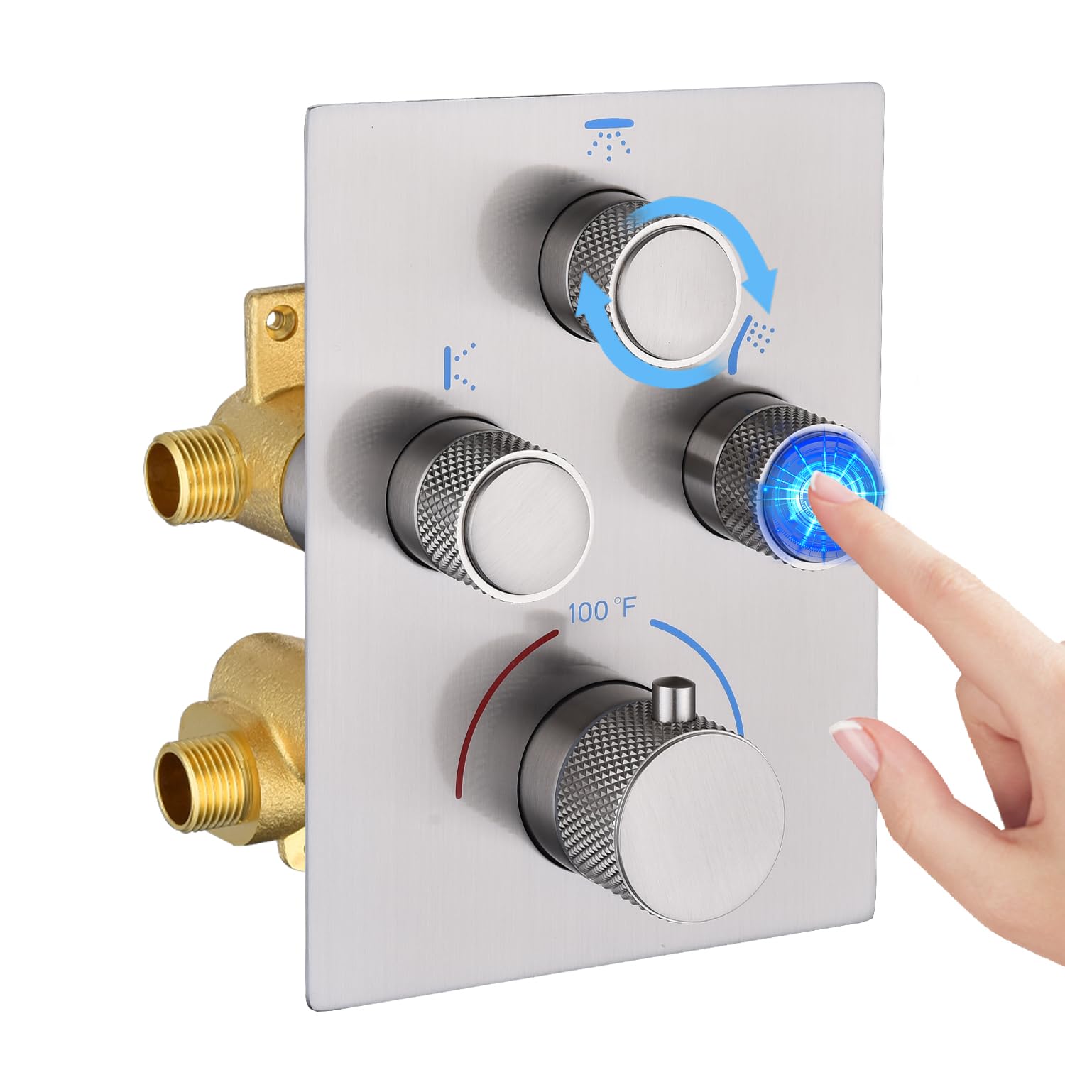 Photo 1 of NPYSVSSS Modern Push Button 3 Way Thermostatic Shower Valve, Concealed 3 Outlet Multi Function Brass Mixer Shower Diverter Valve Kit Can Control Flow and On-Off Simultaneously, Brushed Nickel