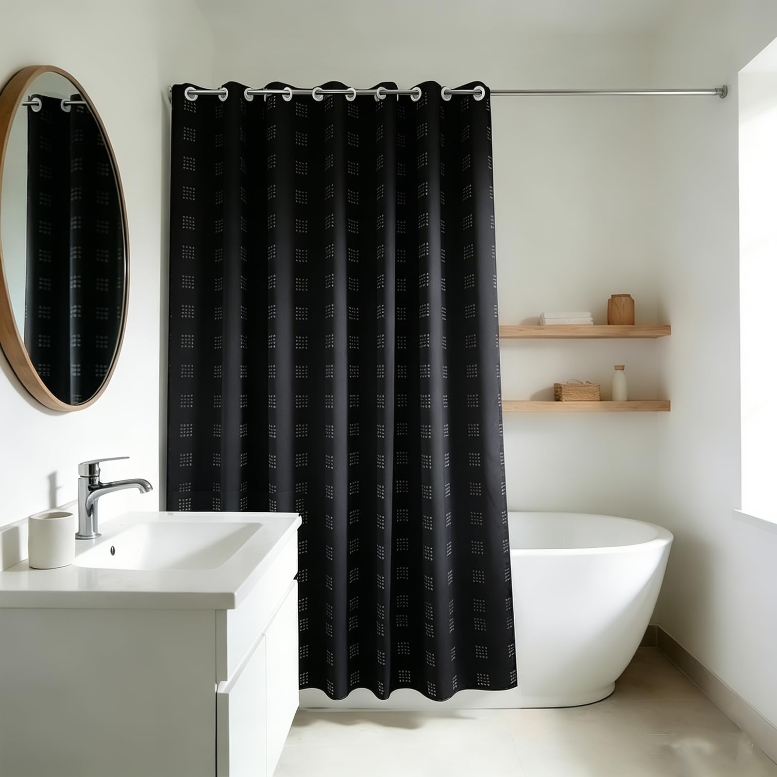 YISURE Black No Hook Extra Long Textured Shower Curtain 180x200cm
