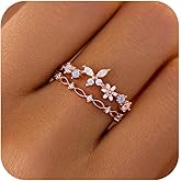 LOVECOM 925 Sterling Silver Cute Butterfly Daisy Flower Rings for Women 14K Gold Plated 2 Layered Colorful Opal CZ Floral Boho Stackable Statement Ring Jewelry Birthday Gifts to Daughter