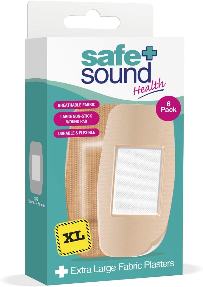 Safe and Sound Extra Large Fabric Plasters. Breathable Fabric. Durable and Flexible. 100mm x 50mm. 6 Pack