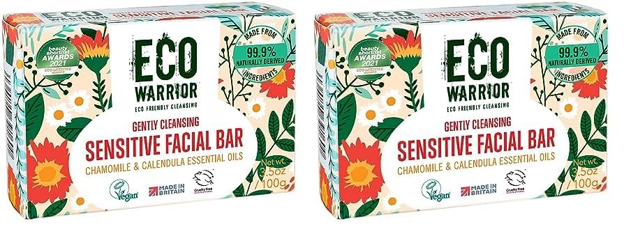 Eco Warrior Sensitive Facial Soap Bar - Vegan, Cruelty Free, No SLS or Parabens, Natural Soap Bar Made with Castile Olive, Chamomile & Calendula Oils To Gently Cleanse, Eco-Friendly Soap 100g