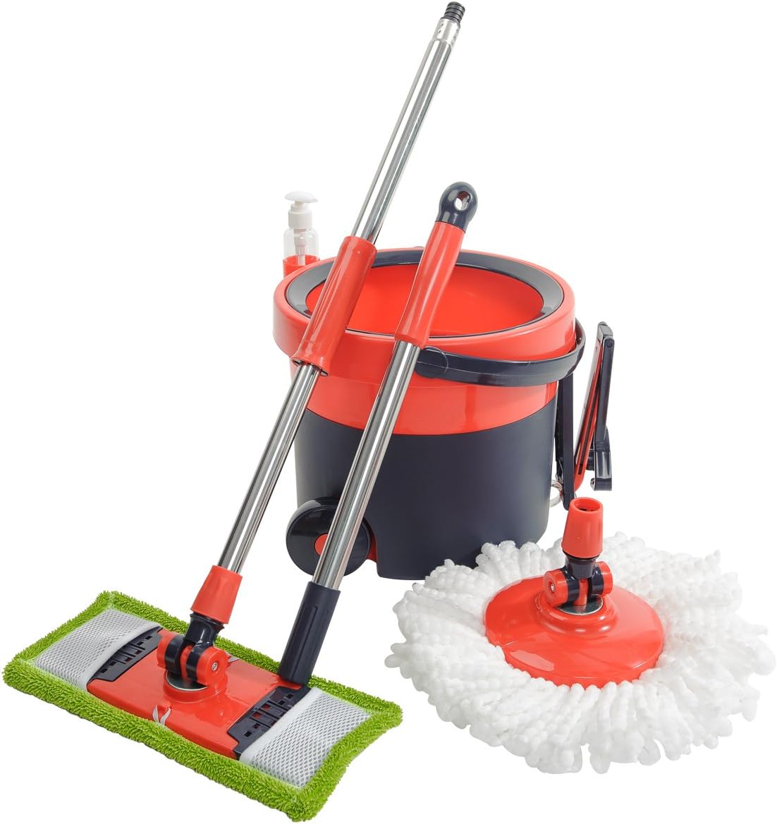 NFHOME Space Saving Microfiber Spin Mop & Flat Spin Mop, 360° Rotation Floor Mop with Stainless Steel Telescopic Extension Handle, Red