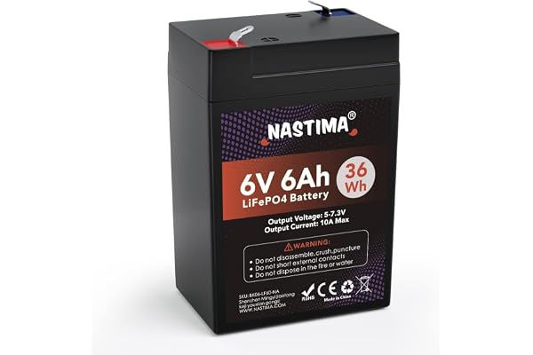 NASTIMA 6V 6Ah Rechargeable LiFePO4 Battery, 2000+ Cycles LiFePO4 Battery Pack for Emergency Light, Lantern, Kids Ride On Car