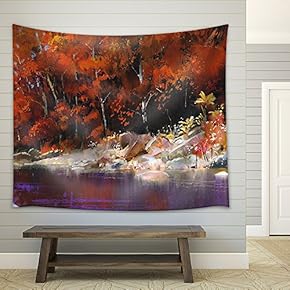 River in The Autumn Forest,Landscape Painting - Fabric Wall Tapestry Home Decor - 51x60 inches