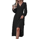 Mettclasi Women's Spring Fall Swiss Dot V Neck Maxi Dress Casual Puff Long Lantern Sleeve A-Line Flowy Dress