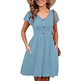 Heymoments Women Summer Dresses Ruffle Sleeve Casual V Neck Swing Button Down Flowy Dress with Pockets