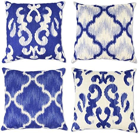 Cotton Linen 17" X 17" Throw Pillow Cover Set of 4 (4, Blue Moroccan)