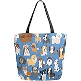 Naanle Animal Dogs Canvas Tote Bag - Large Women's Casual Shoulder Handbag, Cute Dogs Reusable Multipurpose Heavy Duty Shopping Grocery Cotton Bag for Outdoors