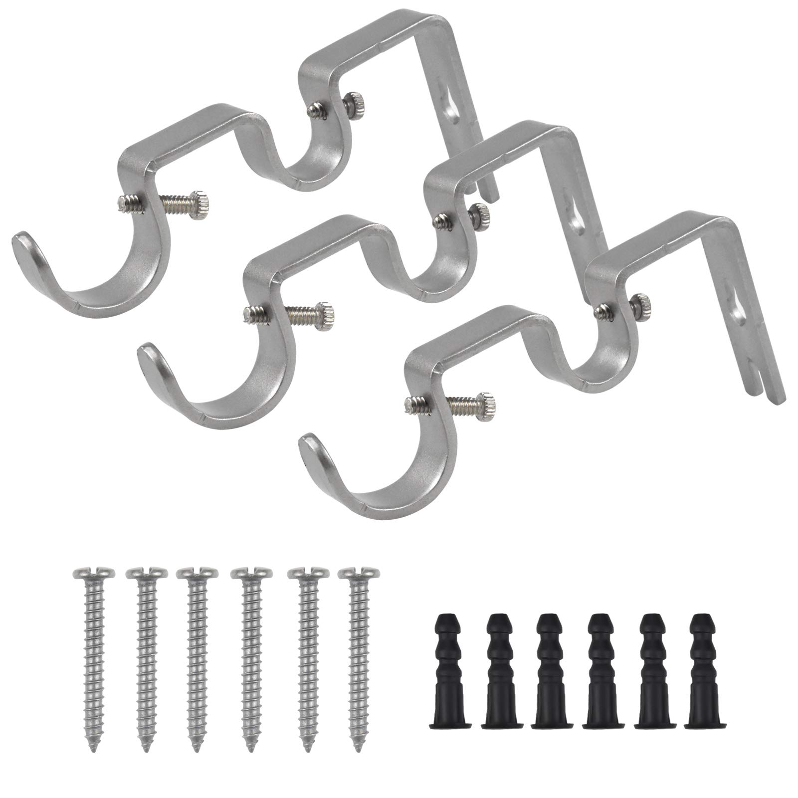 3 Pcs Double Curtain Pole Bracket, Curtain Rod Brackets Set, Heavy Duty Curtain Rod Holders, Adjustable Heavy Duty Metal Curtain Pole Holder Double Rod Holders Diameter, Silver