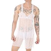 ABAFIP Men's Sissy Nightwear Mesh Sheer Nightgown V-Neck See Through Crossdress Lingerie Sleepwear