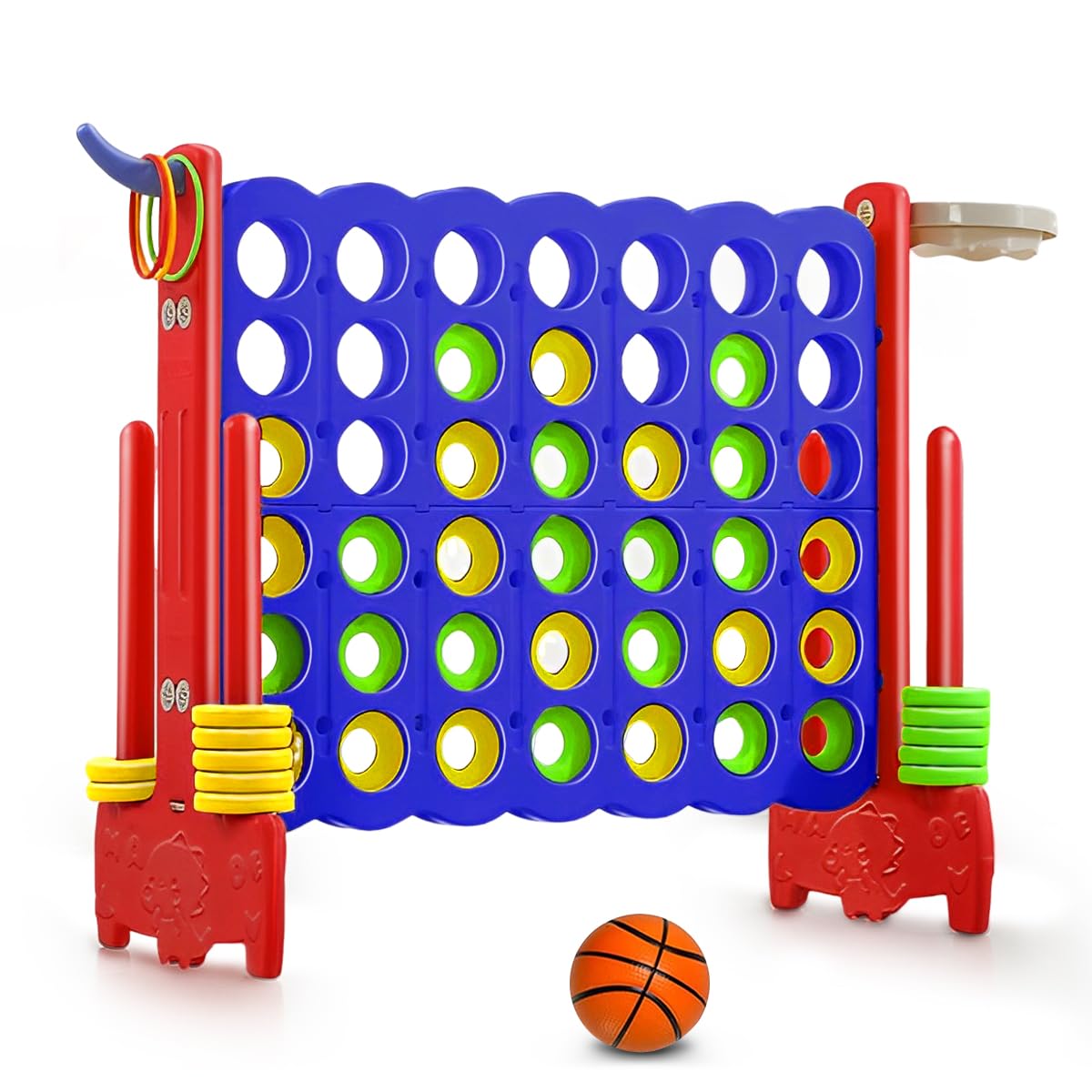 Photo 1 of Giant 4-in-A-Row, Jumbo 4-to-Score Giant Game/Basketball Hoop, Ring Toss, Quick-Release Slider, Game Set with 42 Jumbo Rings & Quick-Release Slider (Blue)