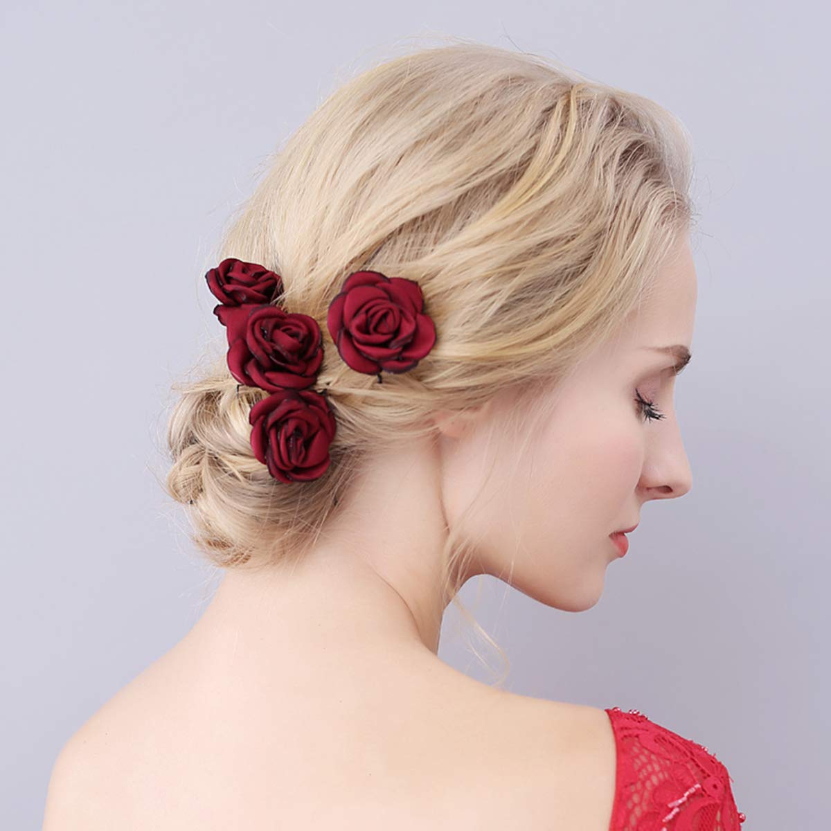 6 Pack Kisslife Elegant Red Rose Bridal Hair Clips Hair Pins