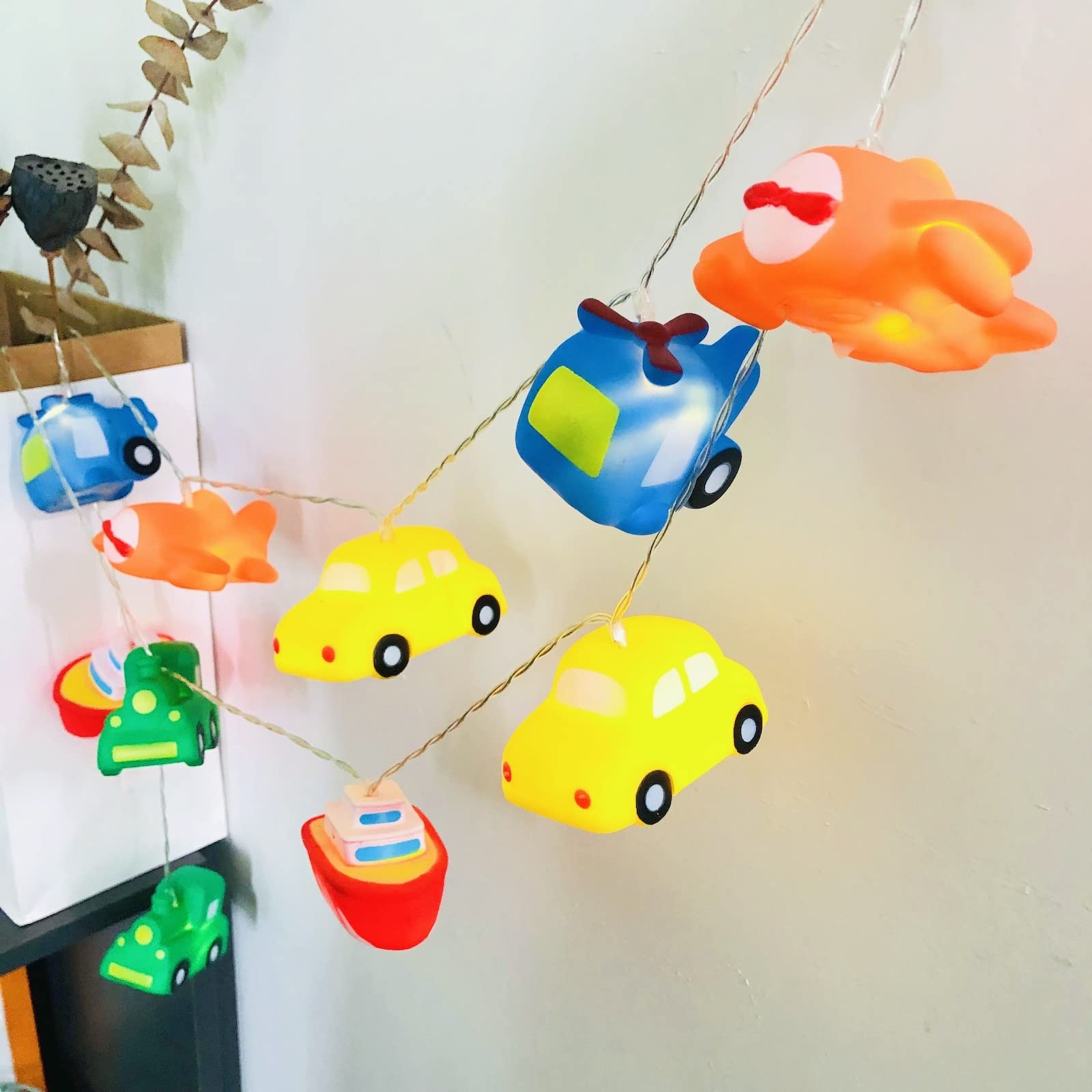 Riaxuebiy 1.65M 10LED Transportation Tool Collection Shape String Light Airplane Helicopter Train Car Steamship Pendants Night Light for Wedding Christmas Kids Room Decoration (Mix)