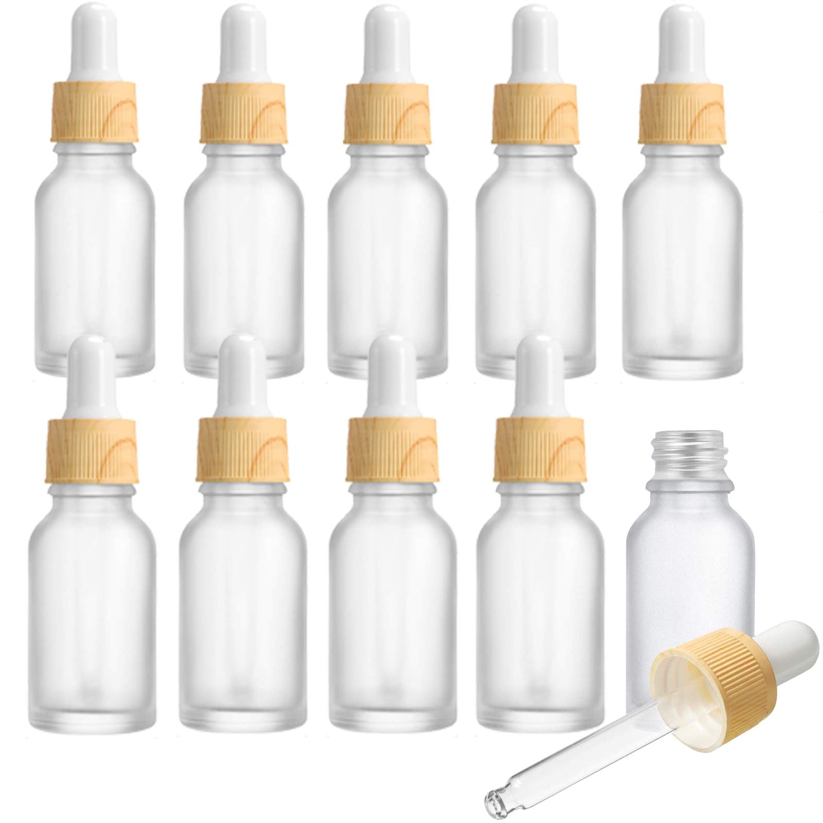 Yalbdopo 10Pcs, 10ml Frosted Clear Glass Bottles with Dropper Pipettes, Mini Empty Dropper Bottles Wood Grain Plastic Cap Refillable Sample Container for Essential Massage oils/Chemical Liquid