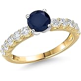 Gem Stone King 14K 2 Tone Gold Blue Sapphire and Lab Grown Diamond Engagement Ring For Women | 1.25 Cttw | Round 5MM | Gemstone September Birthstone