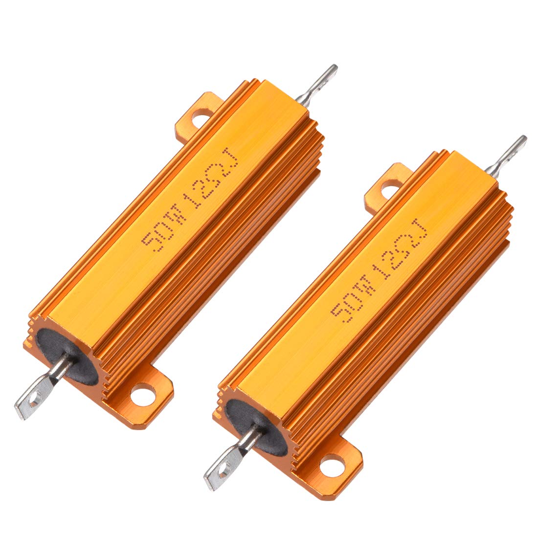 sourcing map 50W 12 Ohm 5% Aluminum Housing Resistor Screw Tap Chassis Mounted Aluminum Case Wirewound Resistor Load Resistors Gold Tone 2pcs