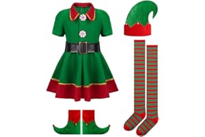 XJDABXD Elf Costume for Girls Christmas Holiday Dress Up Outfit Santa Little Helper Suit Hat Ear Belt Socks Cosplay Set