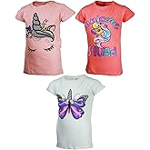 MISS POPULAR Girls 3-Pack Super Soft Short Sleeve T-Shirts Unicorn Butterfly Glitter Print Cute Design| Sizes 7-16
