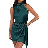 ZESICA Women's 2026 Fashion Satin Sleeveless Halter Neck Tie Waist Wrap Bodycon Cocktail Party Mini Dress