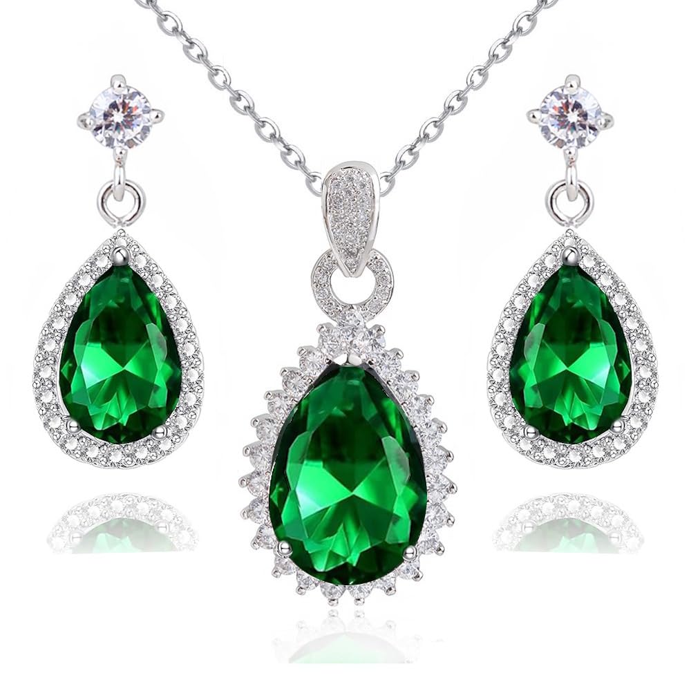 Crystalline Azuria Women 18ct White Gold Plated Teardrops Green Simulated Emerald Zirconia Crystals Set Pendant Necklace 17.7 inches Dangle Earrings