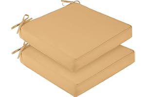 downluxe Outdoor Chair Cushions for Patio Furniture, Waterproof Square Corner Memory Foam Patio Chair Cushion with Adjustable Ties and Portable Handle, 19" x 19" x 3", Khaki, 2 Pack