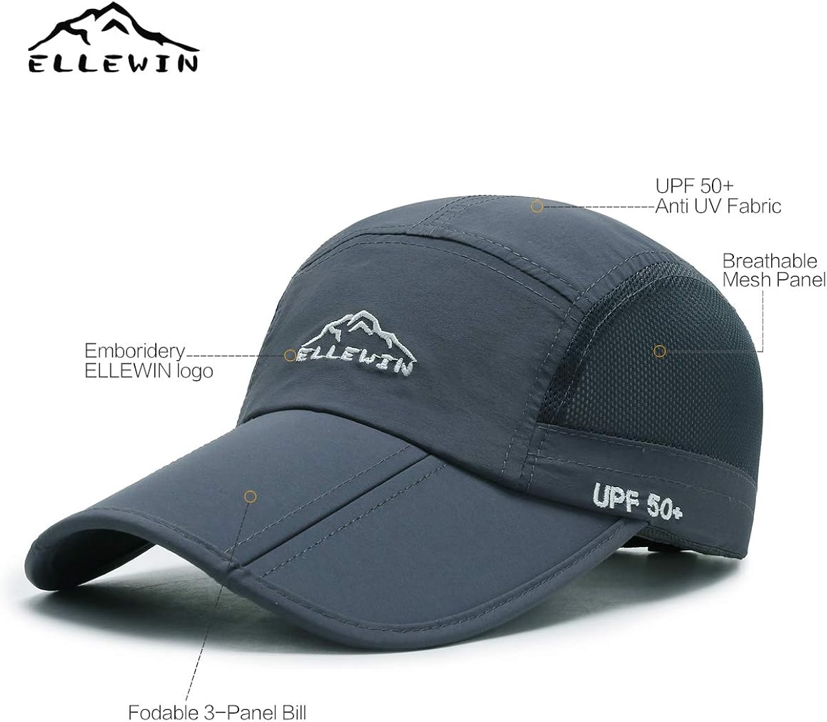 ELLEWIN Men's Baseball Cap UPF50 Hat W/Foldable Long Large Bill,One Size,D-Grey: Clothing
