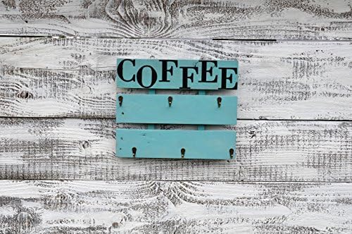 Pallet Coffee Cup Rack Wall Mounted Shabby chic Turquoise Black 6 Mug Hooks