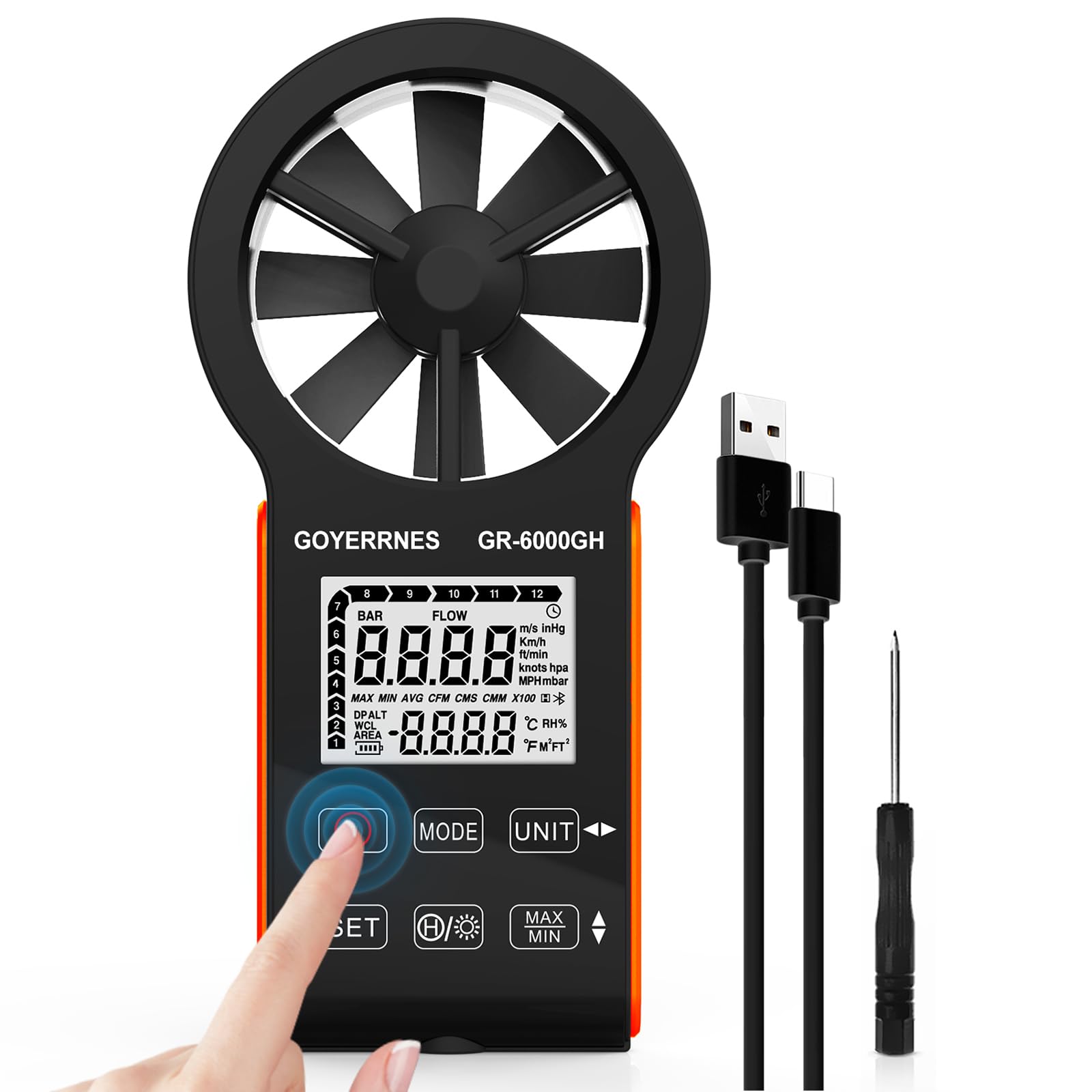 Handheld Anemometer,GR-6000GH Digital Wind Speed Anemometer CFM Meter Gauge Anti interference touch button Portable Air flow meter Measuring Air Speed Temperature for HVAC Vents,Boat Sailing,Shooting