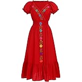 ABEHIK Women Mexican Dress Floral Embroidered Traditional Fiesta Dresses Summer V-Neck Short Sleeve Cinco De Mayo Outfits