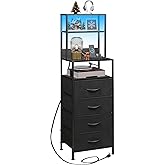 WLIVE Tall Nightstand with Charging Station, LED Night Stand with 4 Drawers and Storage Open Shelves, Fabric Dresser for Bedroom, Living Room, Office, Black