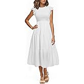 Holipick Casual Summer Dresses Women - Flutter Sleeves Crew Neck Smocked High Waist Tiered A-Line Midi Dress