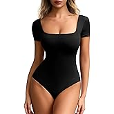 Mobeso Women's Sexy Square Neck Double-Lined Bodysuits Short Sleeve T-Shirts Body Suits Summer Slim Fitted Tops