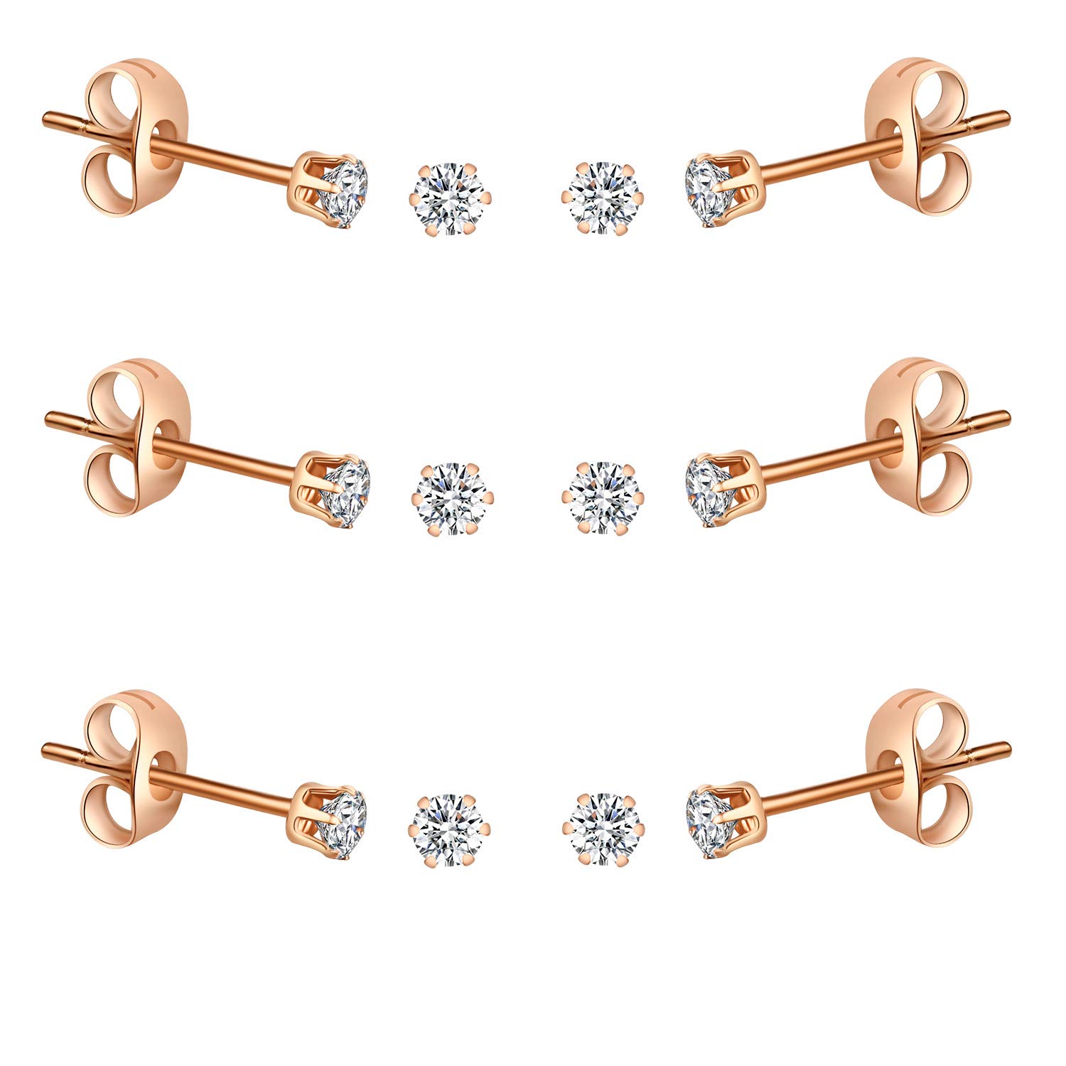 FOSIR 6 Pairs 4mm Tiny Women's 14K Rose Gold Plated Stainless Steel Round Clear Cubic Zirconia Stud Earrings