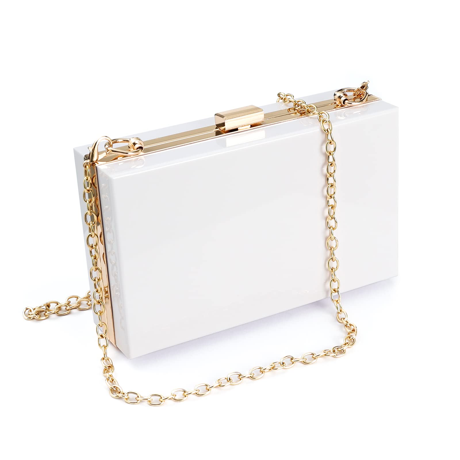 Photo 1 of WJCD Women Clear Purse Acrylic Box Clutch Handbag, Small Transparent Crossbody Evening Bag Stadium Approved Gold Chain Strap (White)