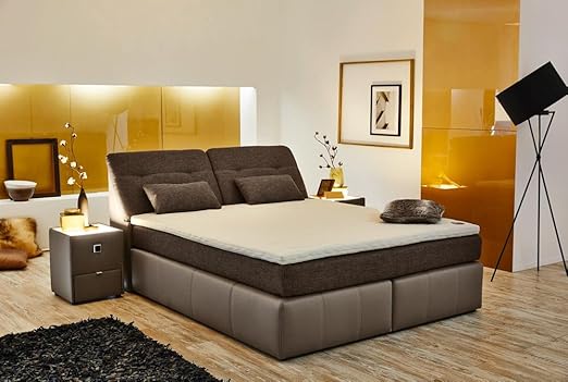 Lifestyle4living Boxspringbett In Grau Braun Mit Abs In Braun Federkern 2 Federkernmatratzen Tandembezug Topper 2 Kissen U 2 Stauraume Masse 180 X 200 Cm Amazon De Kuche Haushalt