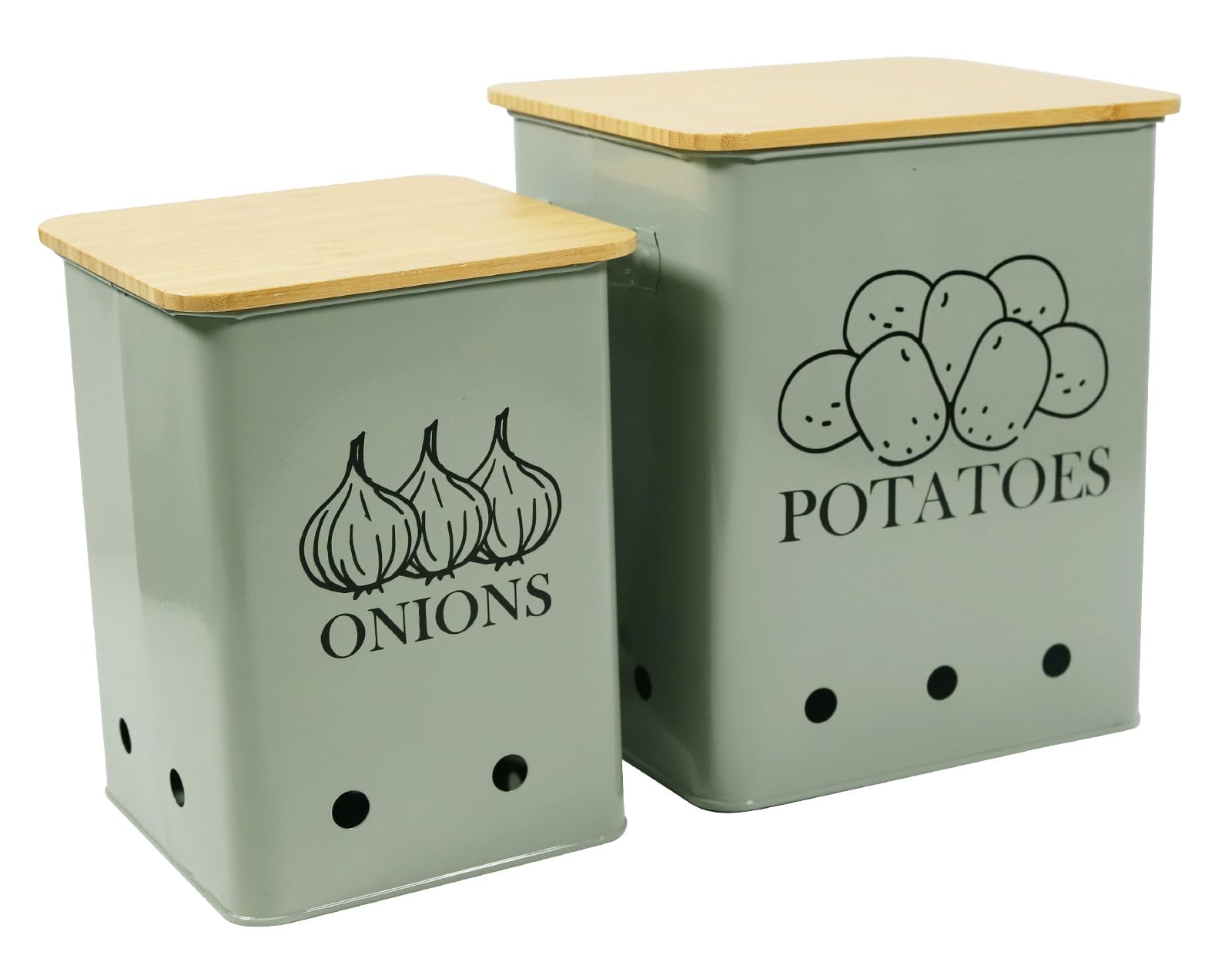 Xbopetda Set of 2 Vegetable Storage Tins, Potato Storage Onion Bin with Aerating Holes & Wooden Lid - Kitchen Pantry Organiser, Produce Fruits Vegetable Fresh Keeper (Green)