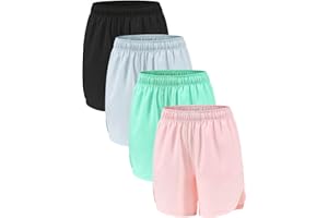 Celfaeree 4 Packs Girls Athletic Shorts with Pockets Running Active Shorts Dry-Fit, Sports Workout Shorts for Kids Teens