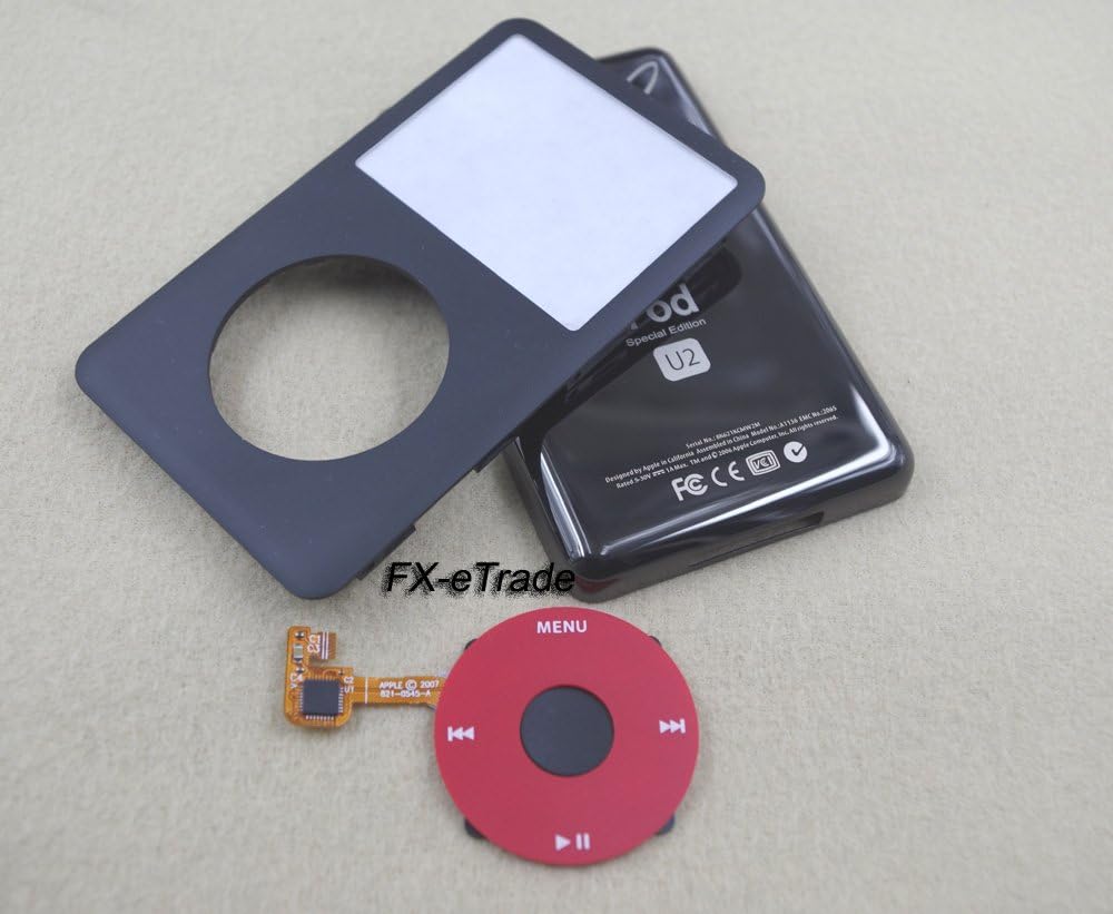 Black Front Faceplate Fascia Back Rear Case Housing Cover Red Clickwheel Button for iPod 6th Gen Classic 80gb 120gb 7th Gen Classic Thin 160gb U2 Version