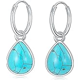 Genuine Teardrop Turquoise Dangle Earrings for Women, Sterling Silver Native American Western Hinged Hoop Earrings Birthday Gift