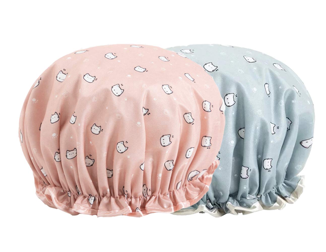 Shower Caps 2 Packs Waterproof Double Layers Shower Caps Elastic Band Lovely Cat Pattern Reusable Bath Hat for Women Girls