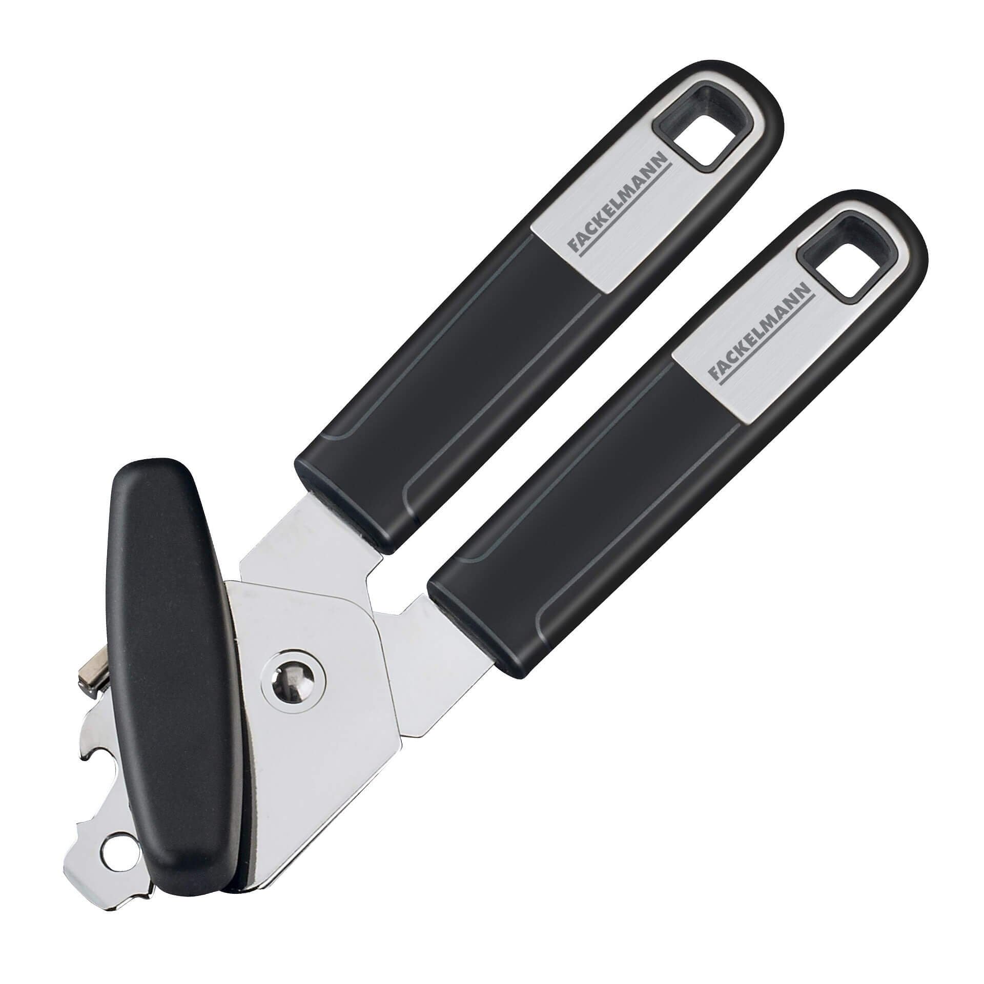 Fackelmann SENSE Can Opener, with Bottle Opener, Tin Opener, Stainless Steel Function Head, Soft-Grip Non-Slip Soft Touch Handle, 20x5.4x2.2cm, Silver & Black